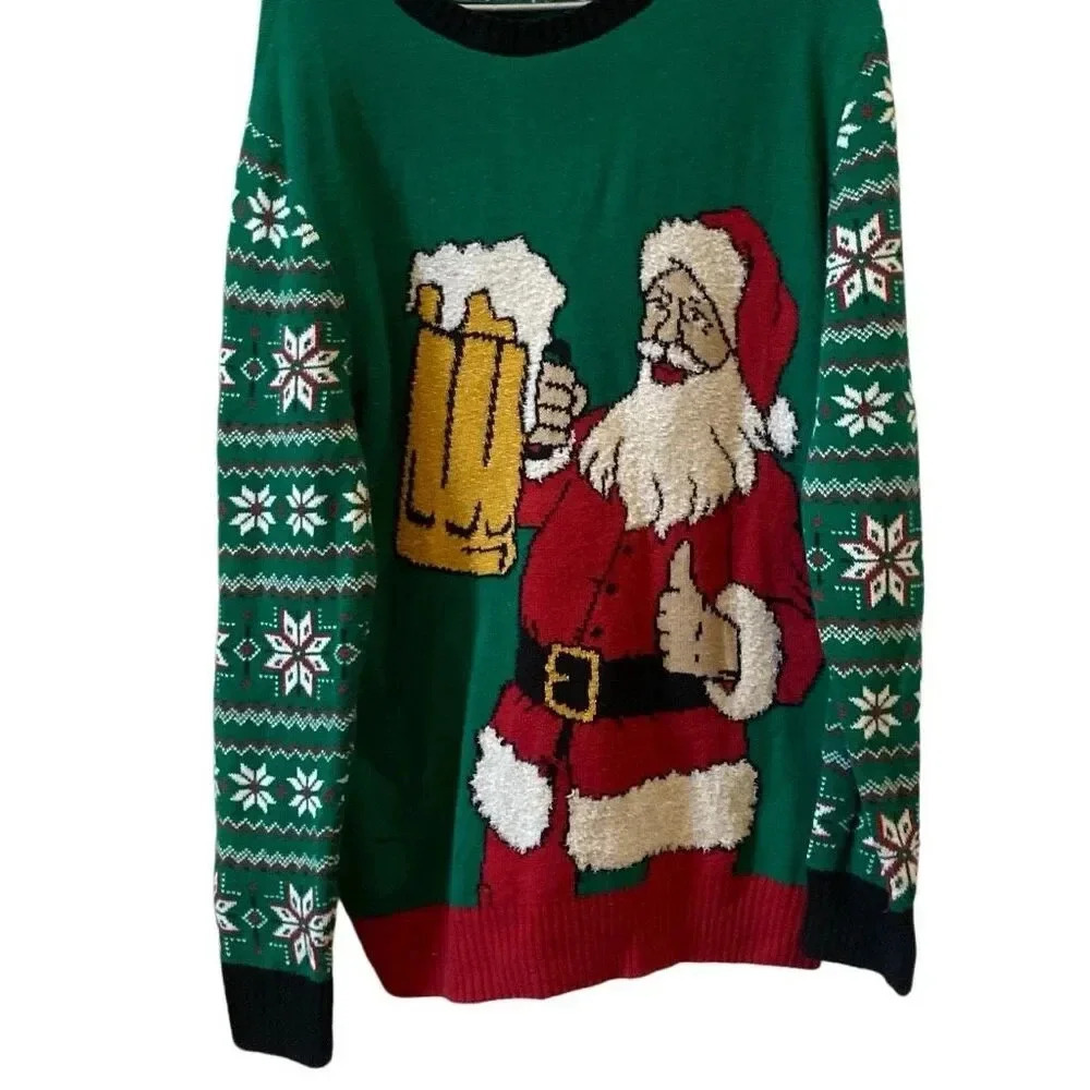Ugly Christmas sweater, Santa large beer, mug, snowflakes size large - Picture 1 of 7